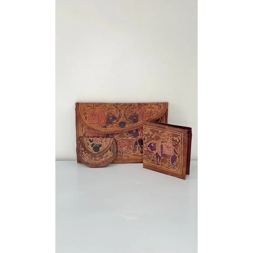 Vintage 3-Piece Leather Elephant Clutch Wallet Coin Hand Tooled India